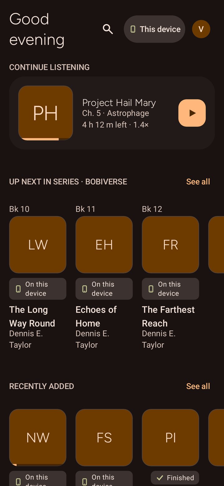 Real app screenshot: dark Home screen with the continue card and local on-device audiobook rows.