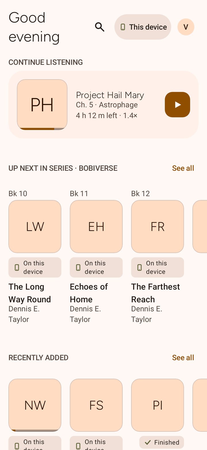 Real app screenshot: Home screen with a Project Hail Mary continue card, local on-device series books and recently added books.