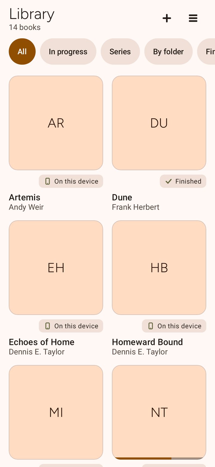 Real app screenshot: Library grid with monogram covers, All and In progress chips, On this device badges and a Finished badge.