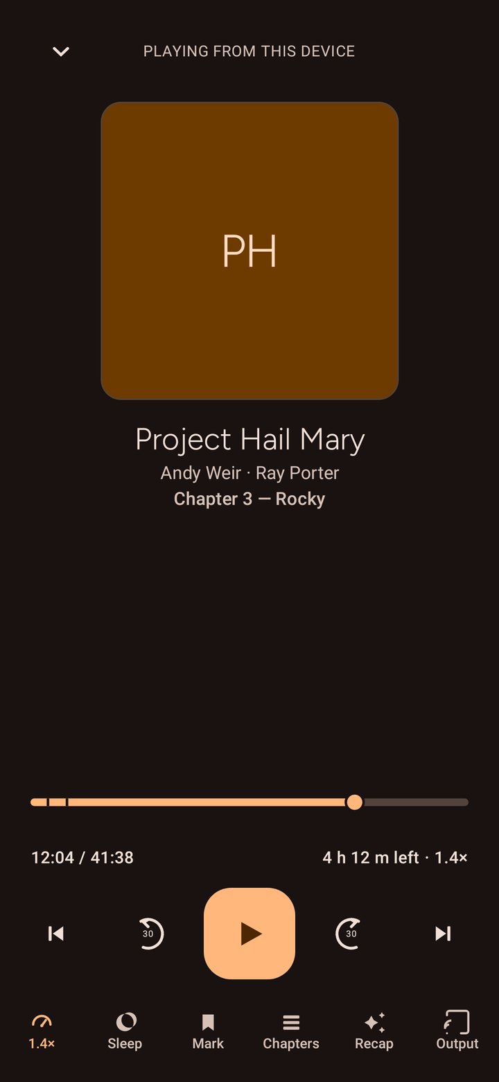Real app screenshot: dark player for Project Hail Mary with chapter progress, transport controls, bookmark, chapters, speed and sleep controls.