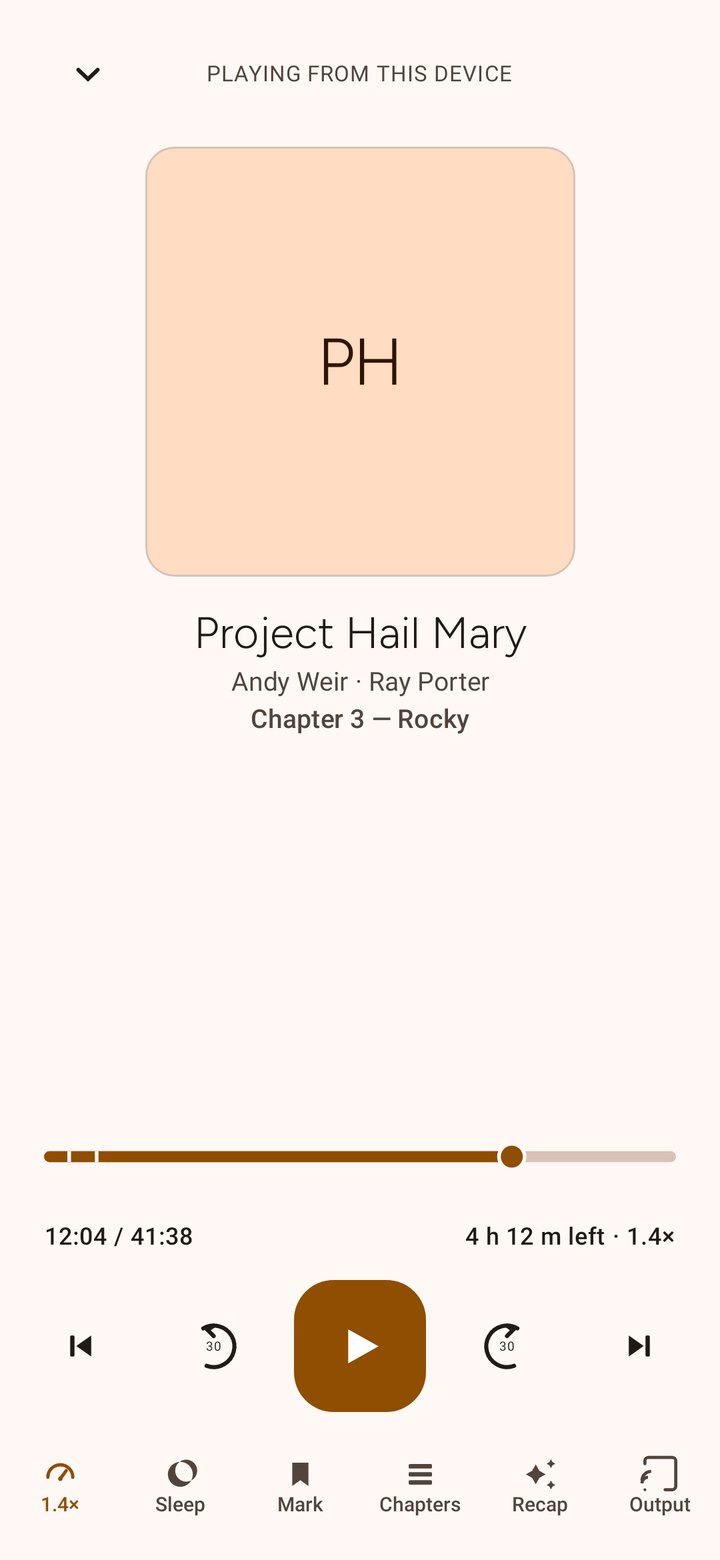 Real app screenshot: light player for Project Hail Mary with chapter progress, transport controls, bookmark, chapters, speed and sleep controls.