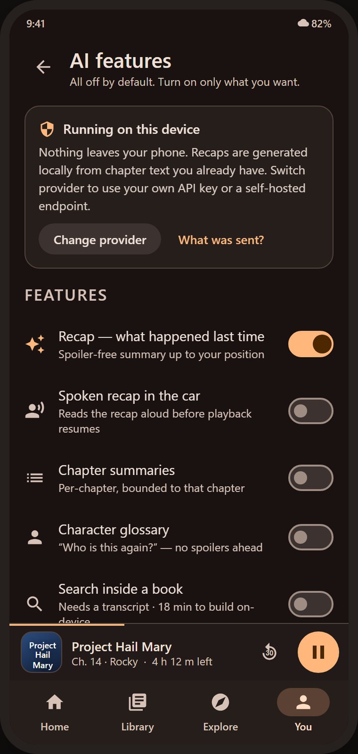 Coming soon, not yet available. Design concept: AI settings screen with per-feature switches and all features off by default.
