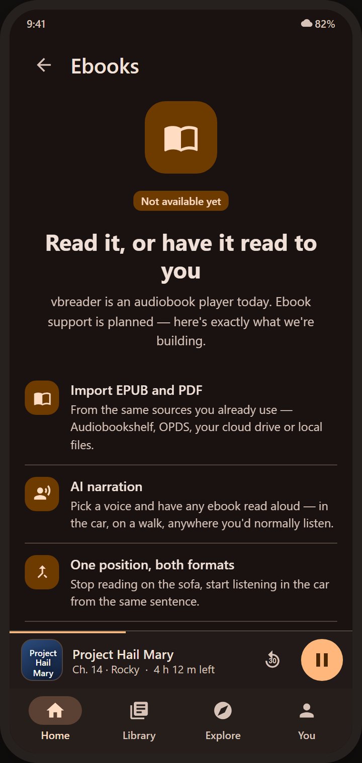 Coming soon, not yet available. Design concept: Ebooks screen with EPUB, PDF, AI narration and one shared position.