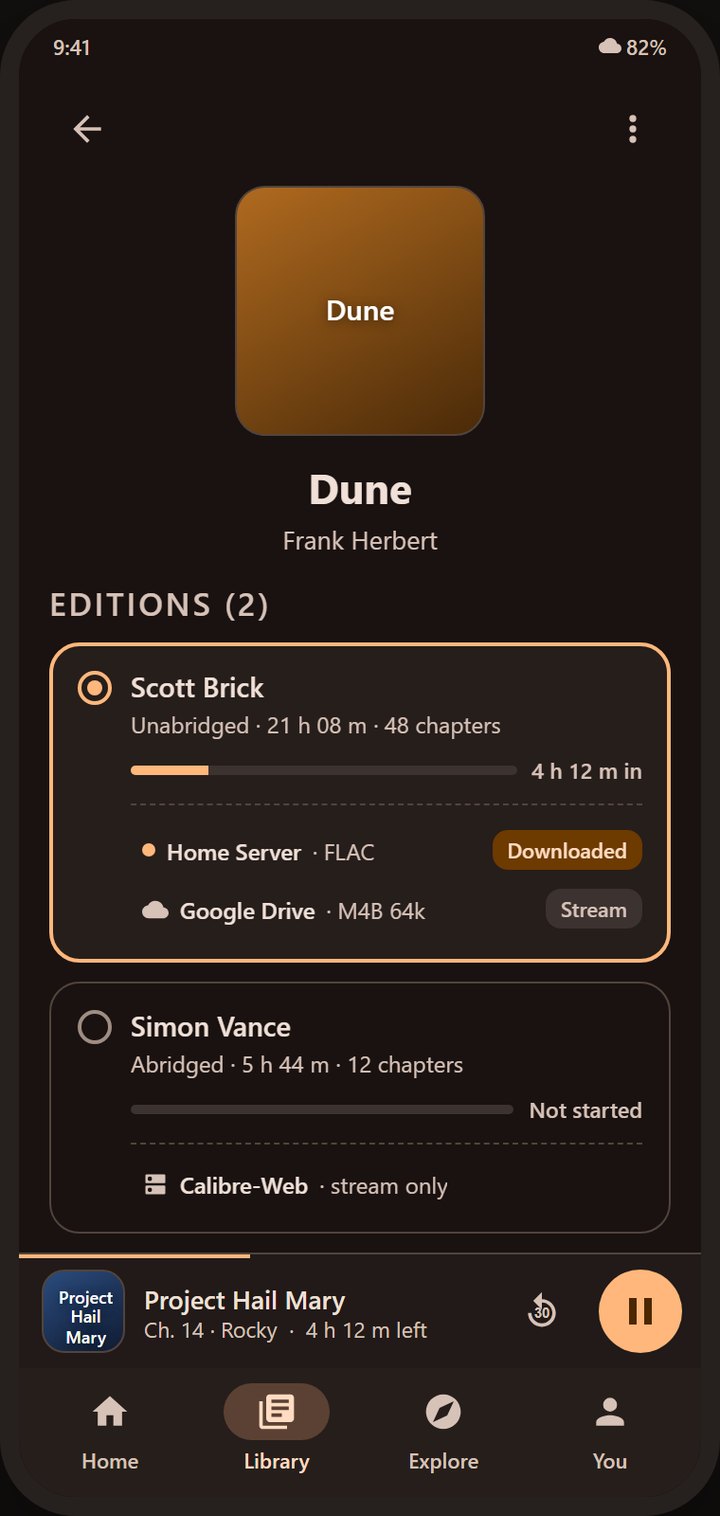 Coming soon, not yet available. Design concept: editions screen showing two recordings of Dune with separate progress.