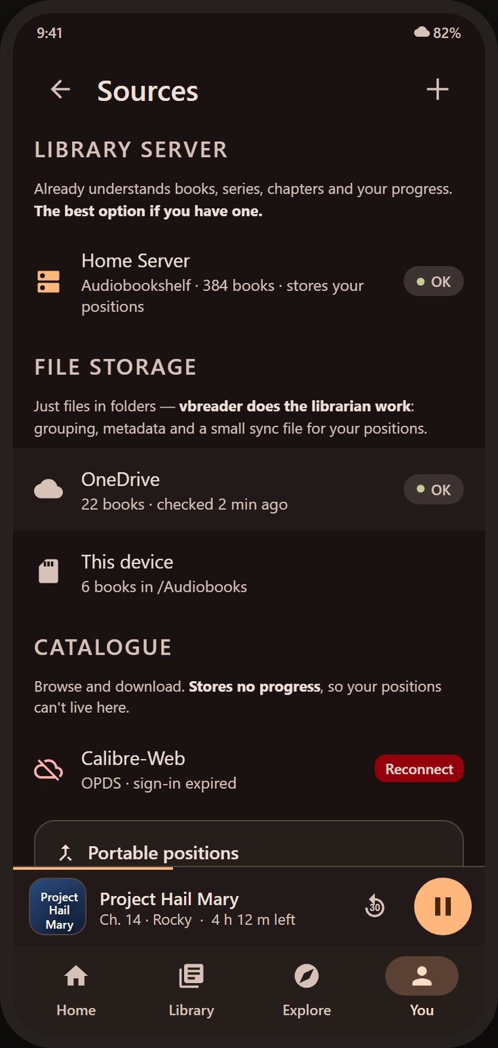 Coming soon, not yet available. Design concept: Sources screen grouping a home server, cloud drive and local device files.